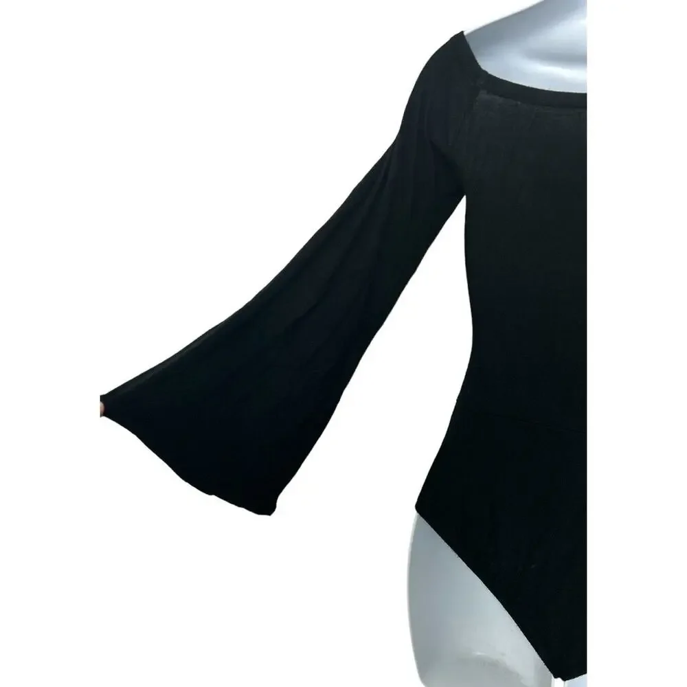 Revolve NYTT Black Bodysuit Off the Shoulder Sz 2 Long Bell Sleeves Fitted Top